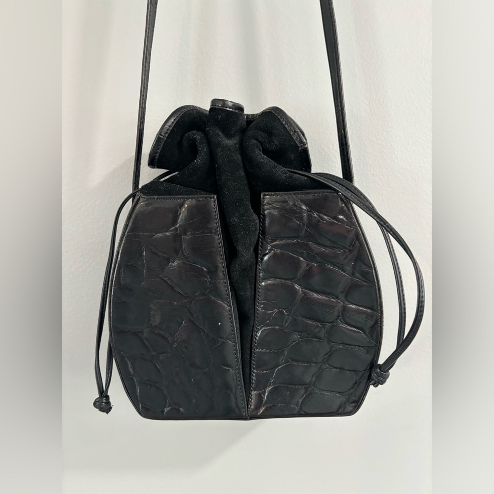 Black Leather Croc-Textured Drawstring Bucket Bag